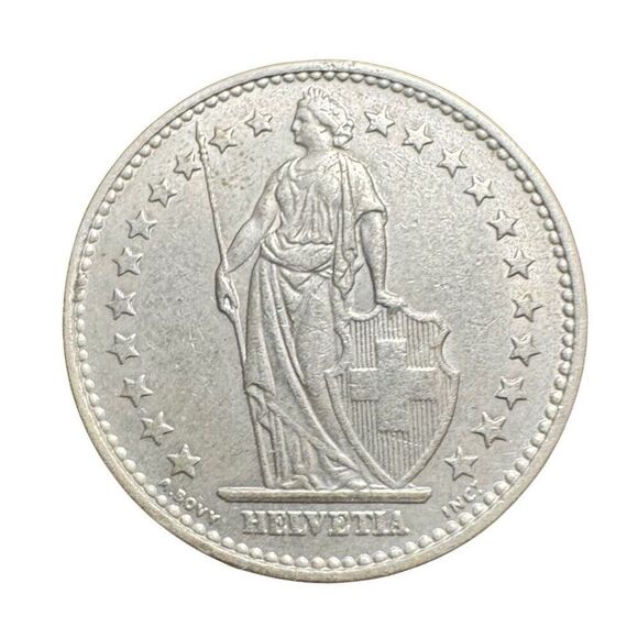 2 Francs Helvetia standing; copper-nickel Switzerland 1968 Coin KM# 21a - Picture 1 of 5